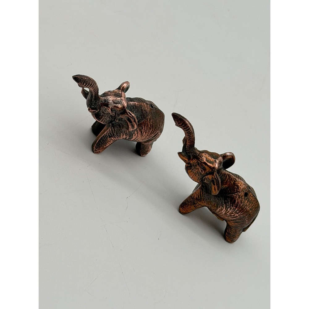 Vintage Copper Tone Metal Elephant Salt and Pepper Shakers Set Trunk Up Lucky